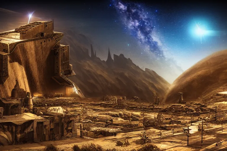 Image similar to favela spaceship cathedral bunker, desert environment, industrial factory, cliffs, peaks, bright, milky way, award winning art, epic dreamlike fantasy landscape, ultra realistic,