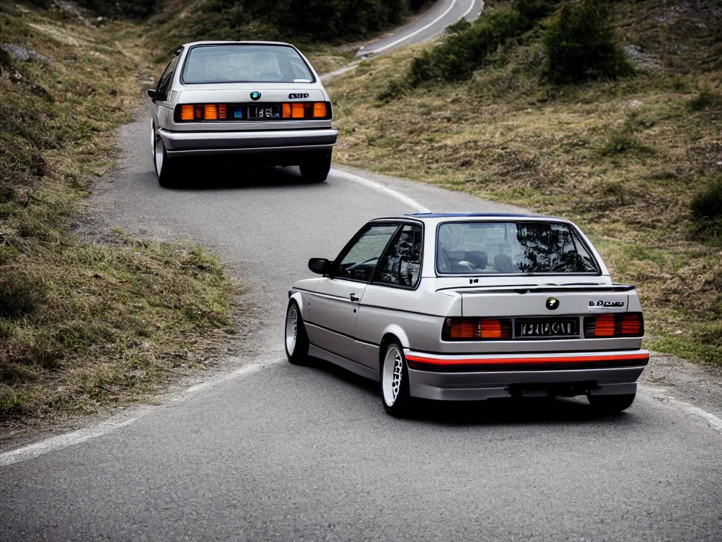 Image similar to a rear shot of a modified bmw e 3 0 with lights on a mountain road, motion blur, 3 5 mm photography, car photography, clean lines, realistic