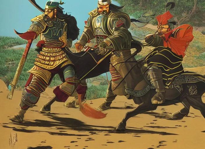 Image similar to lu bu versus zhang fei, guan yu, and liu bei as illustrated by ralph mcquarrie during the golden hour