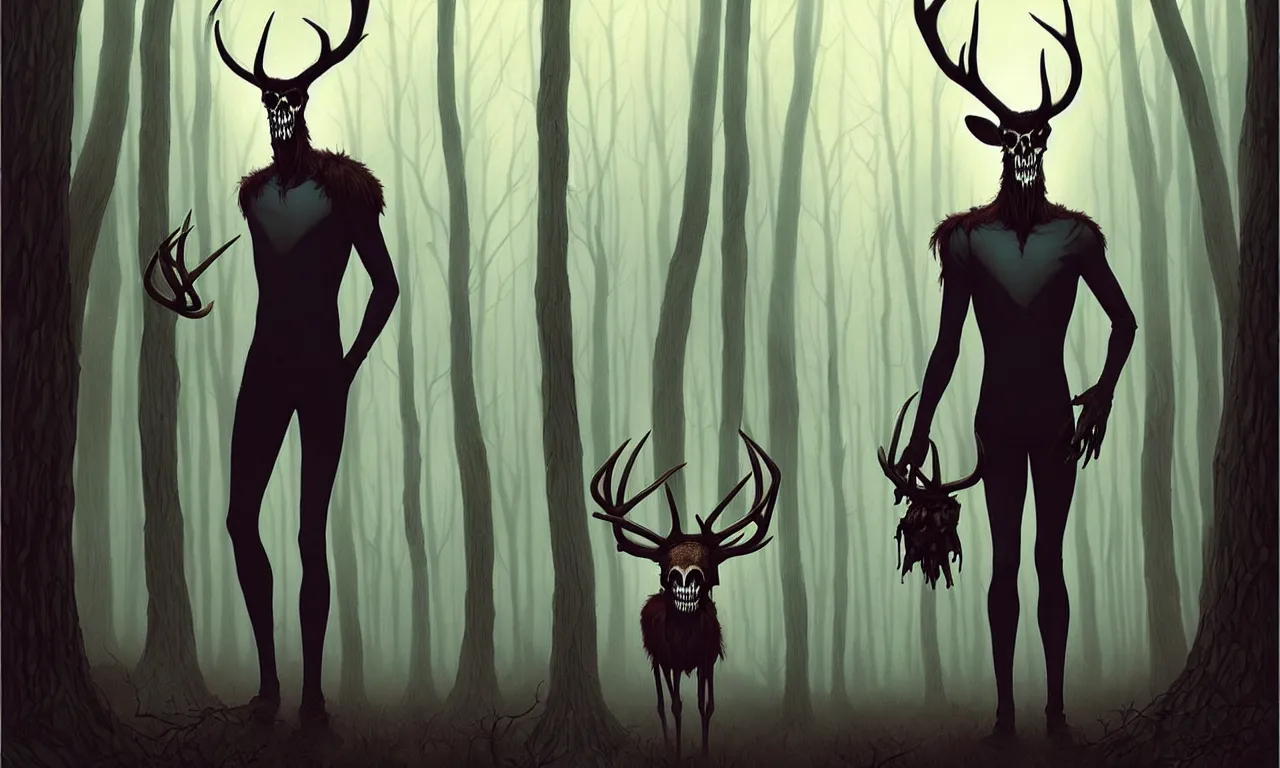 Image similar to rafeal albuquerque comic art, joshua middleton, artgerm : : wendigo monster with deer skull face, antlers, furry body, tall and lanky : : walking through the forest : : night time : : spooky, scary, fog