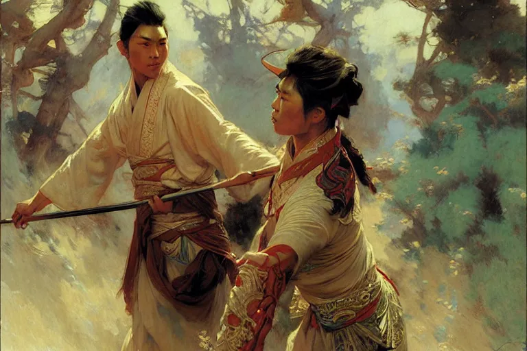 Prompt: wuxia, summer, attractive male, painting by gaston bussiere, craig mullins, j. c. leyendecker