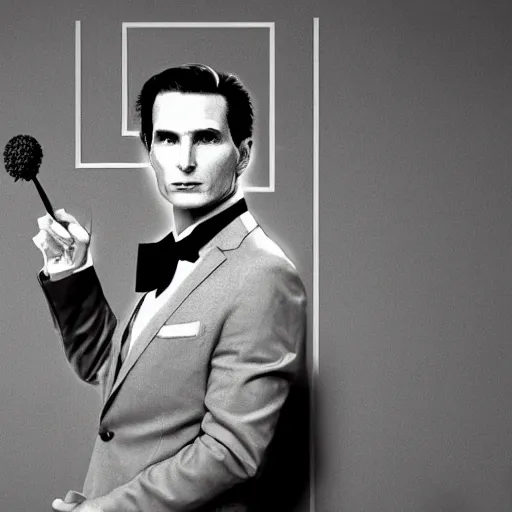 Prompt: Patrick Bateman in a suit with a kiwi.com logo