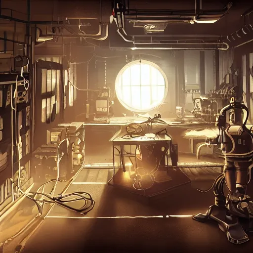 Prompt: old room full of cable, steampunk, robot, laboratory, sun shaft, indoor, interior, artstation, realistic, gibli style