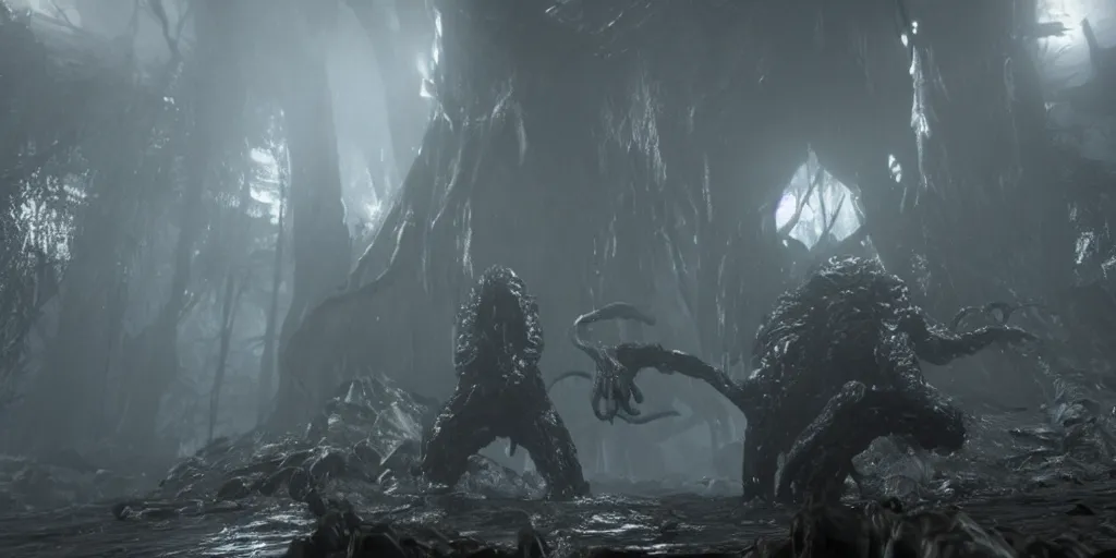 Image similar to a hp lovecraft monster boss fight in interior in beautiful world realistic graphic firstperson game, realistic, ultra setting, highly detailed, fps game, game of the year, raytracing on, rtx 3 0 9 0 ti, gta v, death stranding game