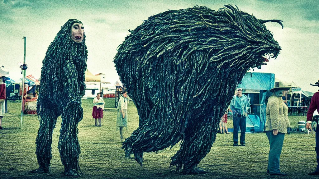 Image similar to the strange creature at the county fair that knew who I was, made of water, film still from the movie directed by Denis Villeneuve with art direction by Salvador Dalí, wide lens