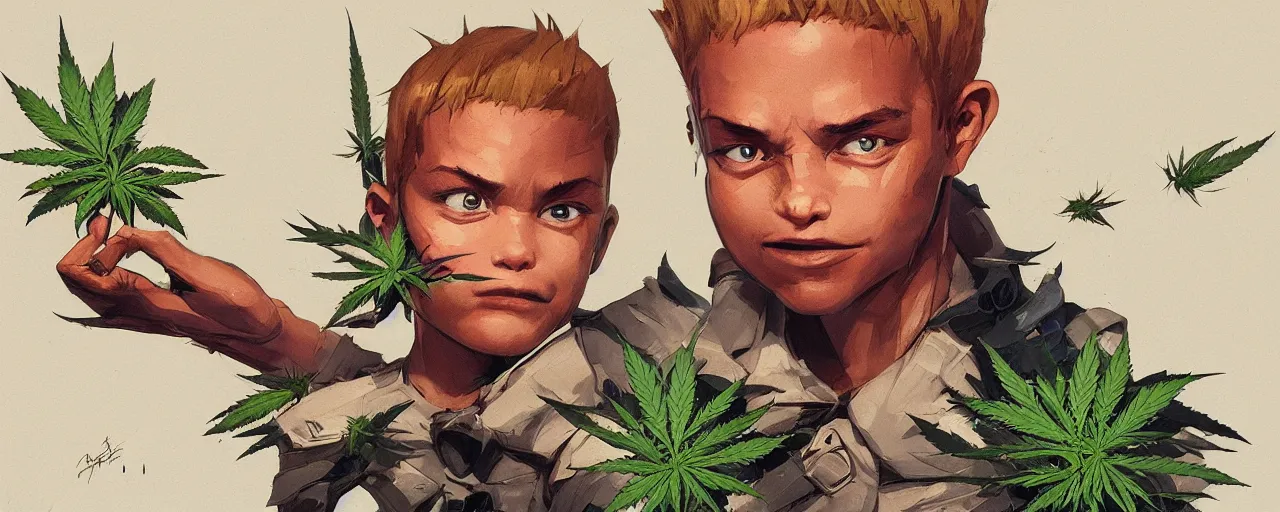 Image similar to duotone concept illustration 3 / 4 portrait of kid face consisting of marijuana, baby groot, cannabis!, cinematic volumentric lighting, jim cheung, david marquez, mike deodato jr, ilya kuvshinov, makoto shinka, behance hd by jesper ejsing, by rhads, hyper detailed, octane render, concept art, artstation