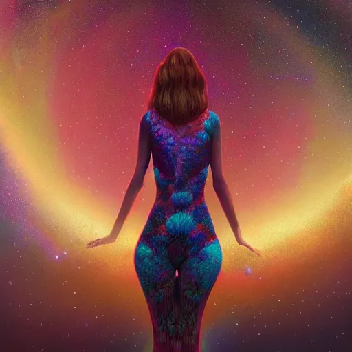 Prompt: fractal cosmic girl by dan mumford ted nasmith, octane render trending on artstation