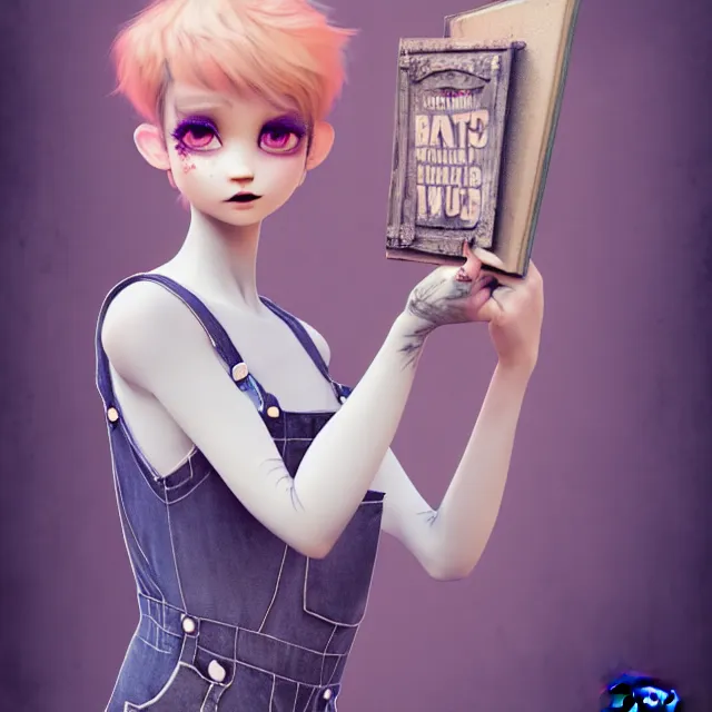 Image similar to full body pose, beautiful adult fairy, pixar, short white hair shaved sides, dirty, grungy, grunge, long sleeve, painted overalls, stacks of giant books, by sakimichan, highly detailed, 4 k, hdr, smooth, sharp focus, high resolution, award - winning photo, artgerm, photorealistic