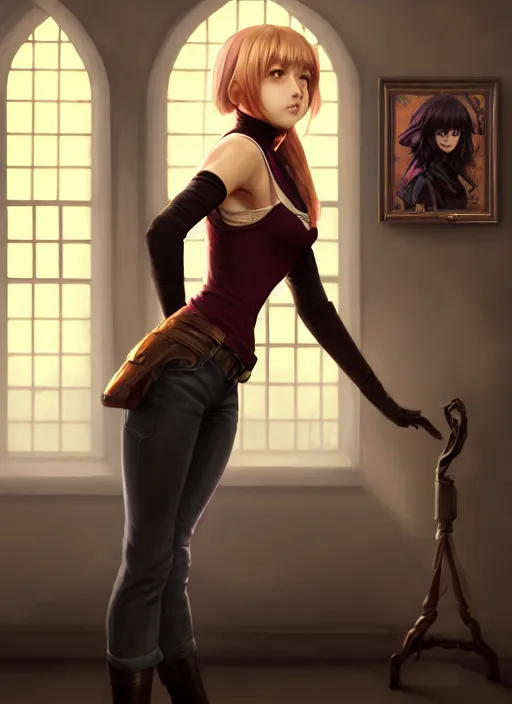 Prompt: portrait of a full body of beautiful young female detective, d & d, sleeveless turtleneck, fantasy, flat lighting, intricate, highly detailed, digital painting, artstation, concept art, smooth, sharp focus, illustration, misa amane, art by simon bisley and greg rutkowski and alphonse mucha, natural tpose