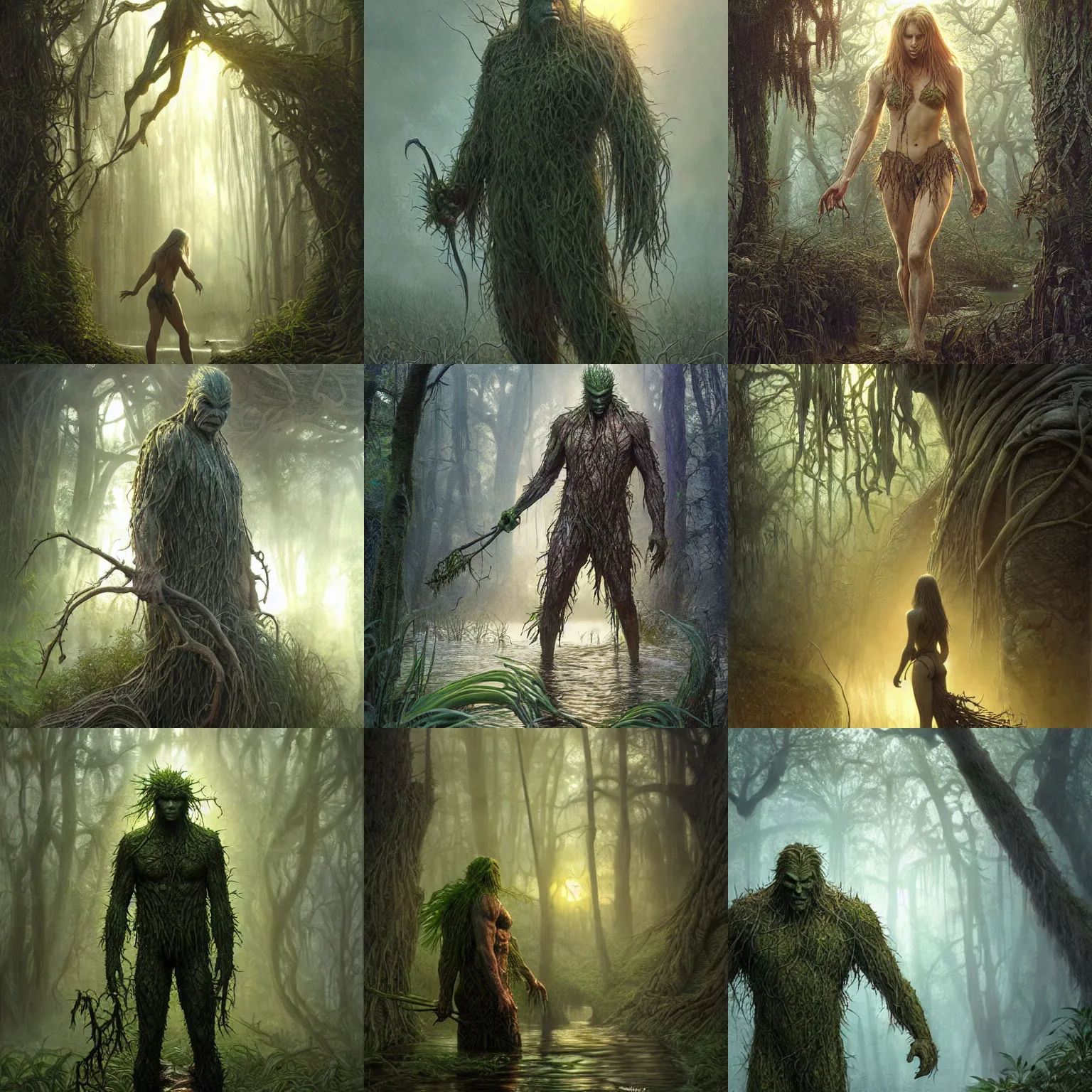 Prompt: swamp thing at dusk, misty athmosphere, ultra realistic, concept art, intricate details, eerie, highly detailed, photorealistic, octane render, 8 k, unreal engine. art by ed blinkley andartgerm and greg rutkowski and alphonse mucha