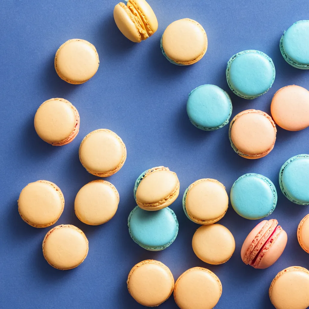 Image similar to top-down view of macarons on top of a blue surface, 8k, high detail, photorealistic, proper shading