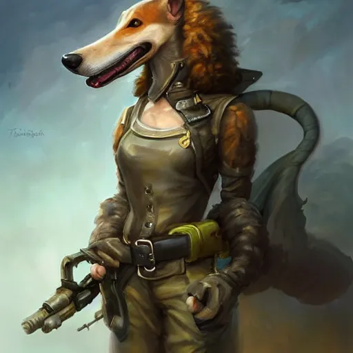 Image similar to anthropomorphic Borzoi wippet Tank Driver, Modern Tank driver outfit, cute and adorable, pretty, beautiful, DnD character art portrait, matte fantasy painting, DeviantArt Artstation, by Jason Felix by Steve Argyle by Tyler Jacobson by Peter Mohrbacher, cinema