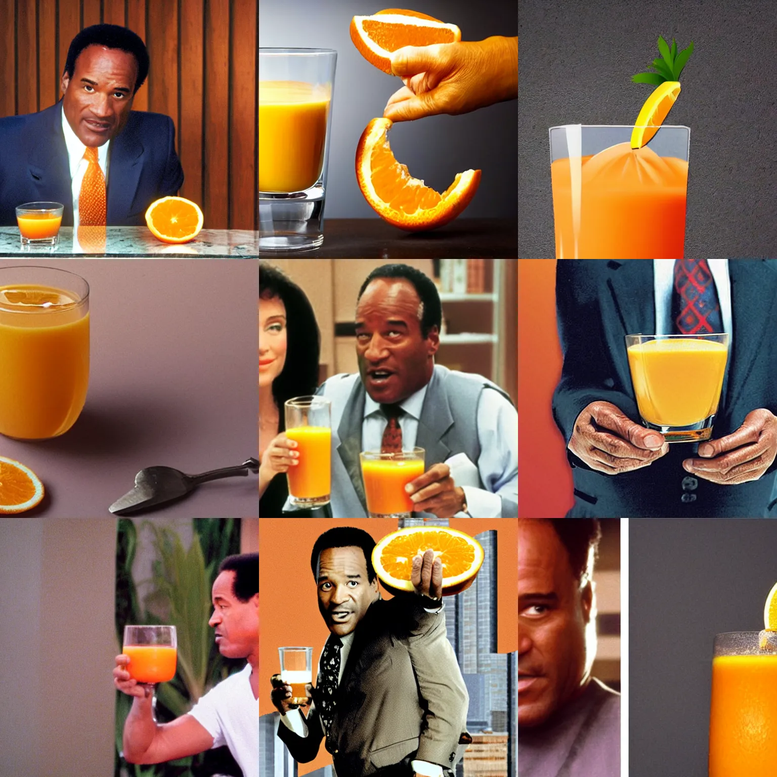 Prompt: ( shrunk down o j simpson ) emerging from [ a glass of orange juice ]