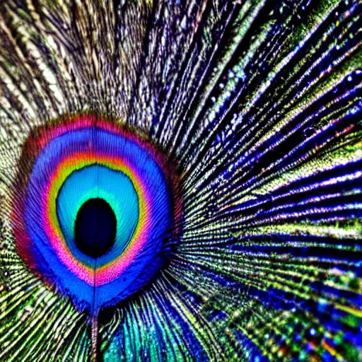 Prompt: Liminal space in outer space, peacock feather and water droplets macrophotography