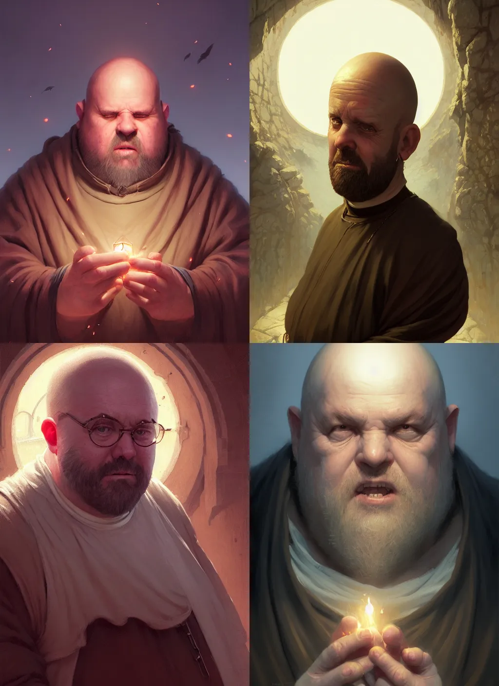 Prompt: highly detailed portrait of a portly middle aged monk, stephen bliss, unreal engine, fantasy art by greg rutkowski, loish, rhads, makoto shinkai and lois van baarle, ilya kuvshinov, rossdraws, tom bagshaw, global illumination, radiant light, detailed and intricate environment