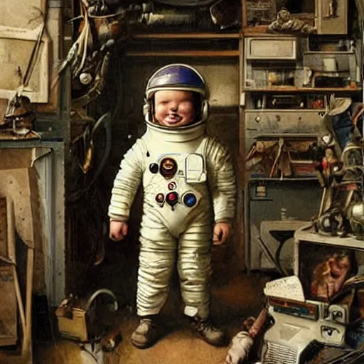 Image similar to boy in a retro space suit in a cluttered inventors shop . muted colors. by Jean-Baptiste Monge !!!!!!!!!!!!!!!!!!!!!!!!!!!