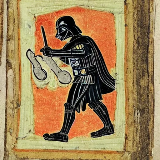 Image similar to darth vader in a medieval manuscript fighting with a dragon, medieval manuscript, golden miniatures