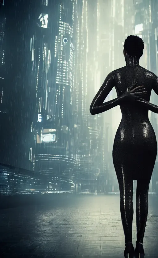 Image similar to an elegant Black woman in dress and heels, her back is to us, looking at a futuristic Blade Runner city, 8K