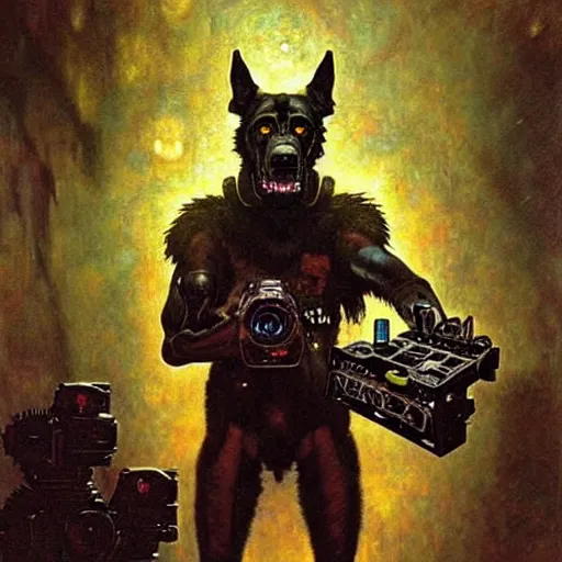 Image similar to a portrait of a black german shepard orc dogman canine neuromancer with human eyes serious looking holding computer console. shadowrun cyberpunk fantasy d & d fallout 1 9 9 8 highly detailed painting by gaston bussiere craig mullins jc leyendecker gustav klimt artgerm greg rutkowski