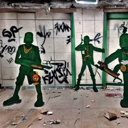 Prompt: toy soldiers fighting in an abandoned graffiti subway