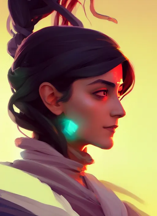 Prompt: side profile centered painted portrait, Maya Ali as a wind sorcerer, D&D, matte painting concept art, beautifully backlit, official fanart, colourful, by and ilya kuvshinov and Cushart Krentz and Gilleard James, 4k, HDR, Trending on artstation, Behance, award winning