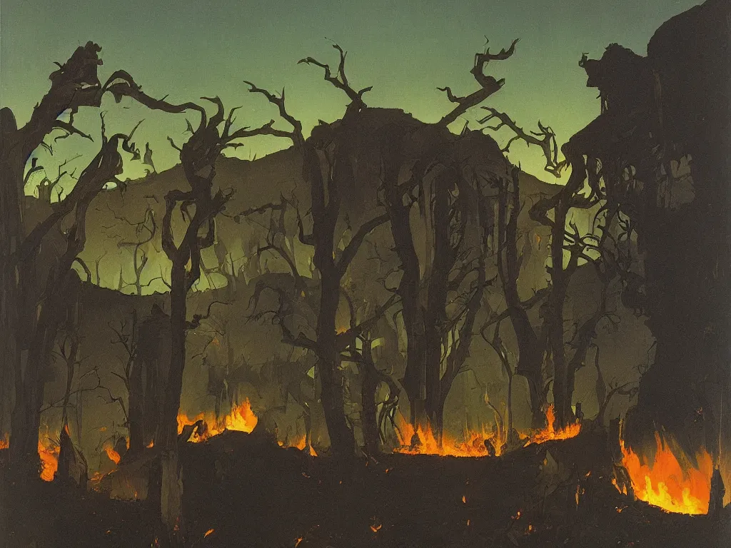 Image similar to Woman looking at her home burning. Charred wood beams, thick smoke. Melancholic landscape, stars. Painting by Georges de la Tour, Roger Dean