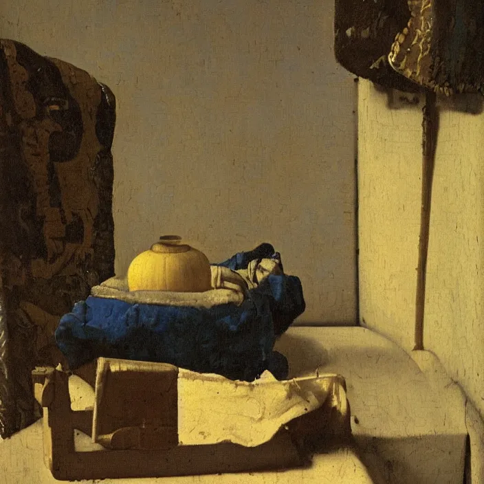 Prompt: johannes vermeer, a small old ship