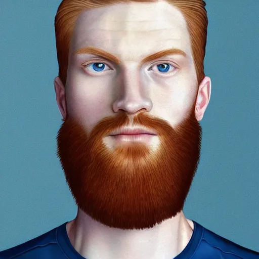 Prompt: 2 4 - year - old man, masculine face, hyper masculine features, tall, extremely pale skin, square jaw, ginger hair, beard, square face, big round sapphire blue eyes, hyper realistic face, beautiful eyes, highly detailed, digital painting, smooth, sharp, strong face, expressive eyes, medium long wavy ginger hair, art by greg rutkowski and alex gray