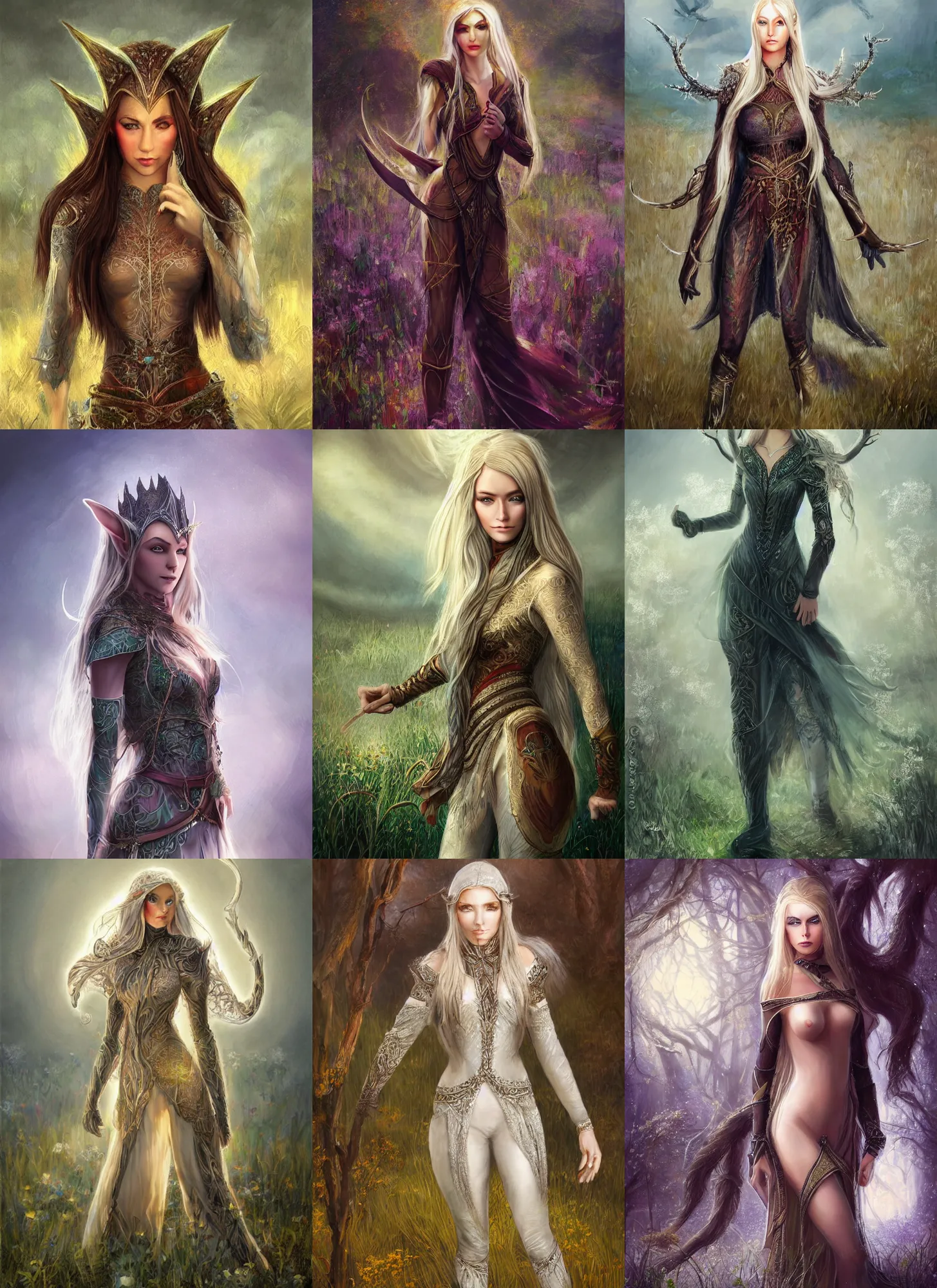 Prompt: beautiful full body concept art beautiful face and realistic eyes, elven female thief wearing full intricate clothing standing in a field, soft focus, oil canvas painting, interesting lights