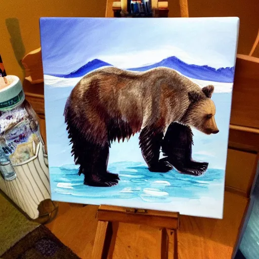 Image similar to grizzly bear cub chilling in a hot tub, calming, nature, painting, bob ross.