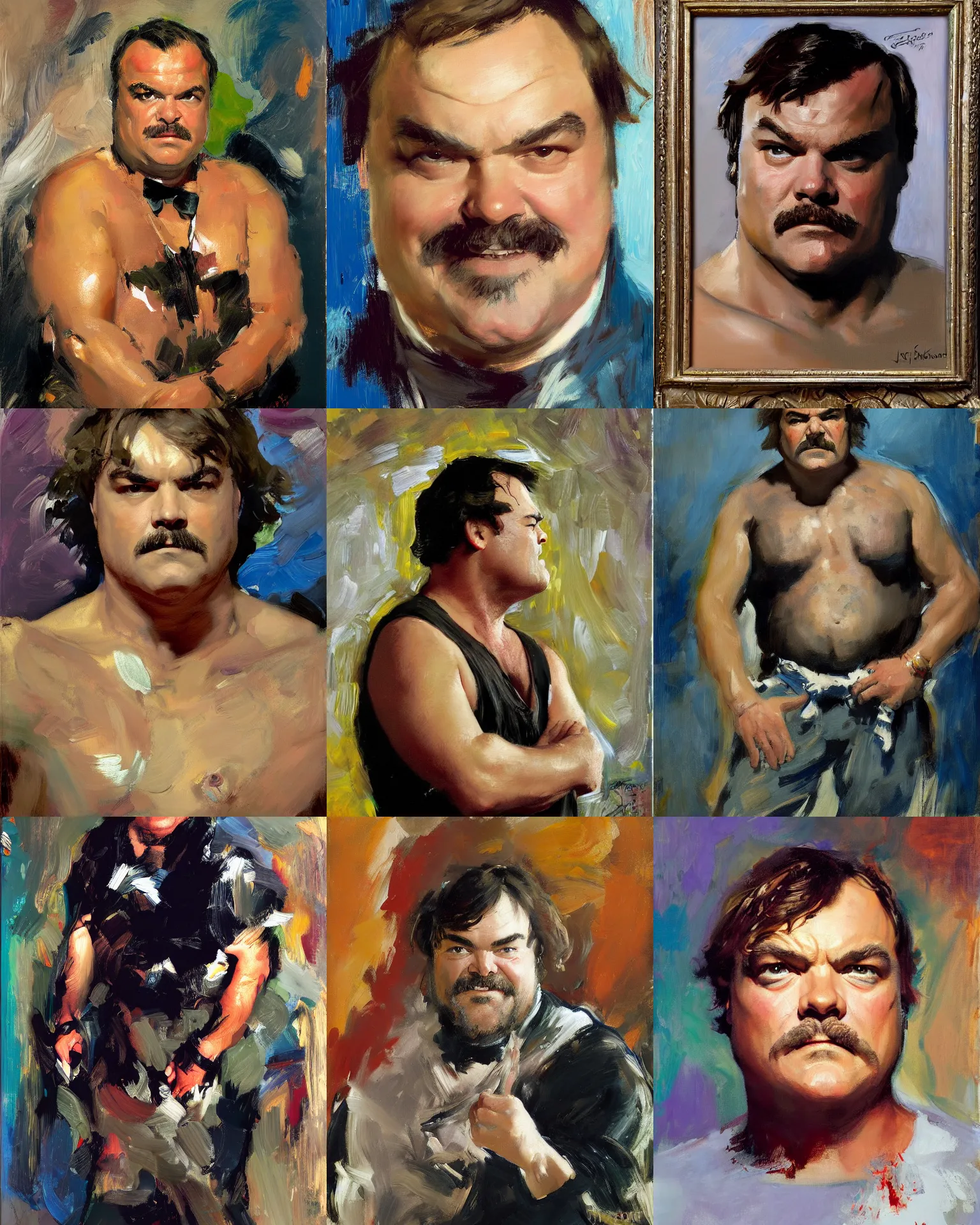 Prompt: jack black age 5 0, portrait palette knife painting by john singer sargent, frank frazetta, craig mullens, donato giancola, fashion photography