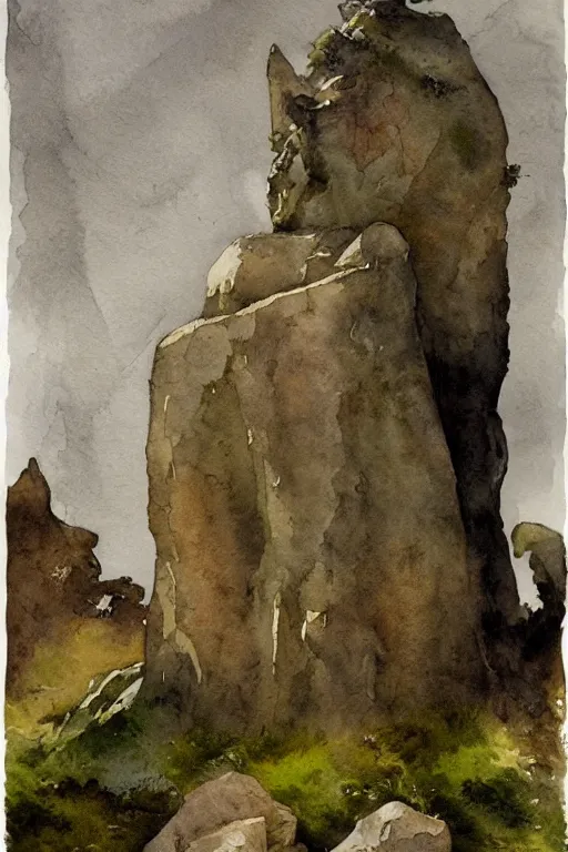 Image similar to abstract watercolor painting of witch god monument, in stone and wood, moss, magical and traditional, cinematic light, national romanticism by anders zorn