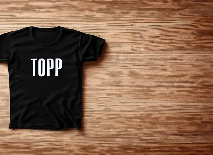 Prompt: clear highly detailed photorealistic topdown mockup product photograph of a blank black tshirt on a wooden background