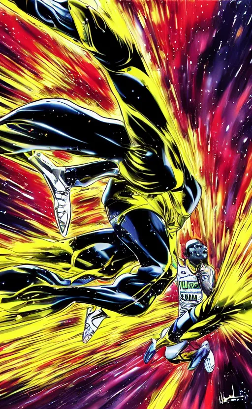 Prompt: usain bolt running in lightspeed through a colorful fart of ferrofluids trapped in time continuum by katsuhiro otomo