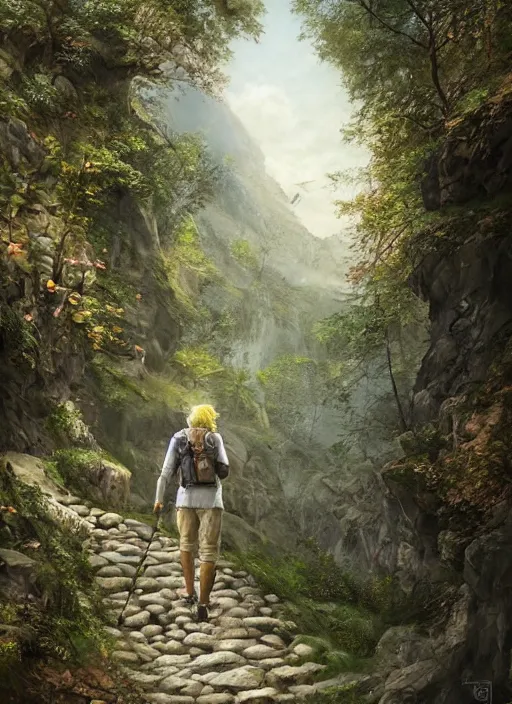 Image similar to happy blonde english man hiking a beautiful path, fluent composition, concept art, ambient light, 4 k, intricate details, highly professionally detailed, cgsociety, highly detailed -