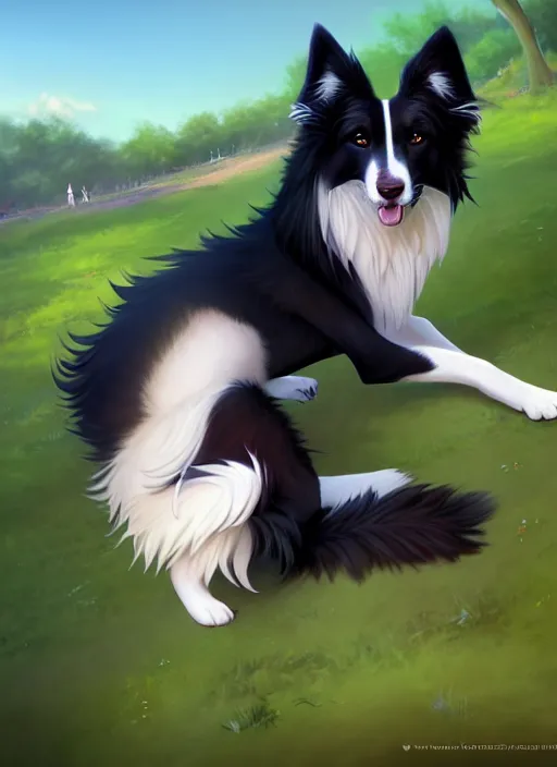 Image similar to wide angle beautiful full body portrait of a cute anthropomorphic anthro male border collie fursona with two legs posing in front of a park, character design by charlie bowater, henry asencio, and ross tran, furry art, furaffinity, scenic background, beautiful, glamor pose, detailed, aesthetic, trending on artstation