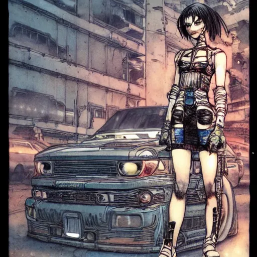 Image similar to android, killer - girl on car, 1 / 6 katsuya terada, style of cyberpunk, night, city,