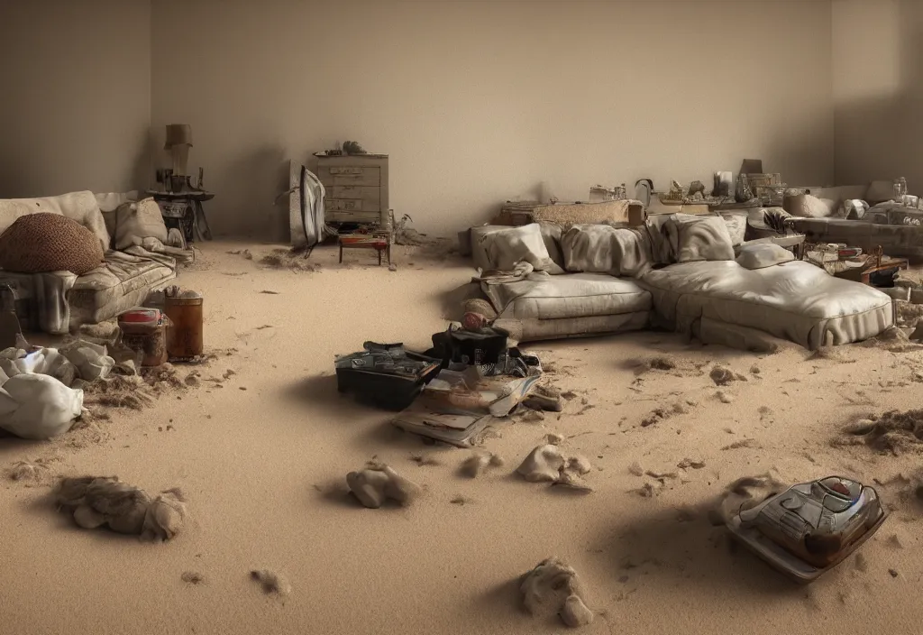 Image similar to kodak portra 4 0 0 photographic and realistic, interior of a living room, detailed, octane render, unreal engine, 4 k, artstation, hyper realistic, wide angle, floor flooded with sand, desert, dunes, objects partially buried, 3 5 mm, sharp focus, soft light, volumetric light, in the style of gregory crewdson