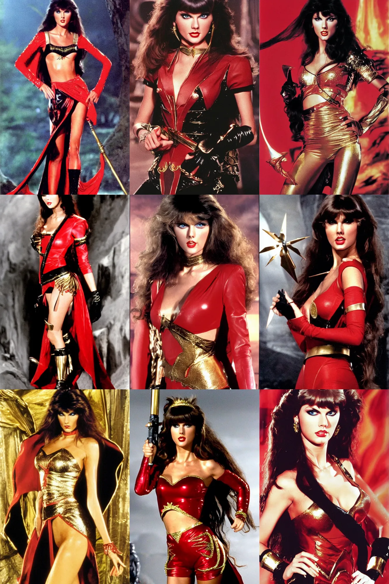 Prompt: Caroline Munro combined with taylor swift as Princess Aura in Flash Gordon 1980, Red Gold and Black outfit, film still