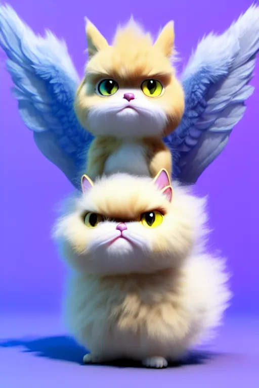 Image similar to high quality 3 d render hyperrealist very cute multipastel fluffy! grumpy griffin cat hybrid with detailed fluffy wings!, vray smooth, in the style of detective pikachu, hannah yata charlie immer, dramatic blue light, low angle, uhd 8 k, sharp focus