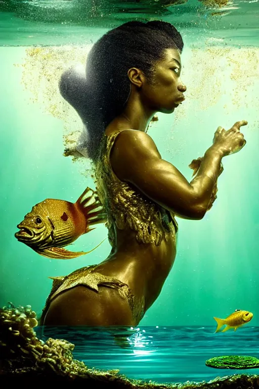 Image similar to hyperrealistic neo - rococo cinematic half underwater scene with fish and algae, very expressive! translucent elegant african goddess getting out of water, gold jewerly, highly detailed face, digital art masterpiece, aykut aydogdu zener, dramatic volumetric light, long shot, low angle uhd 8 k, sharp focus