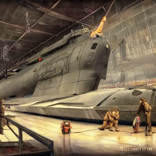 Prompt: two men looking at an American nuclear attack submarine in an indoor drydock, crane with heavy equipment overhead, highly detailed, artificial lighting, concept art, by artgerm and greg rutkowski and alphonse mucha