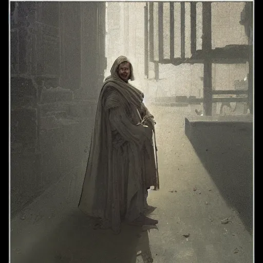 Image similar to half portait of jedi wearing a closed cowl and big old book! chained to the wrist, jeremy mann, jean - leon gerome, tiepolo, alphonse mucha, greg rutkowski, face in the shadows, ( ( ruins of ancient rome ) ), at dusk, mysterious atmosphere, sunrays, dof, high detailed, 8 k