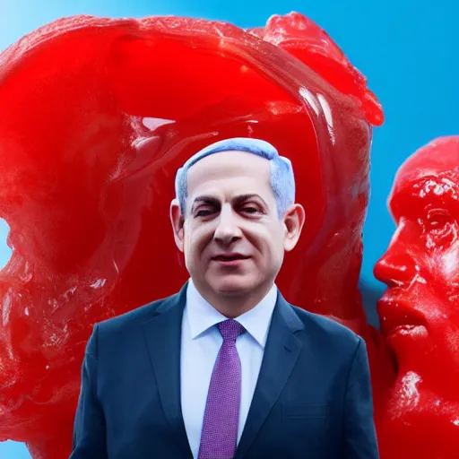 Image similar to a sculpture made out of juicy and transparent red jelly in the sea of a giant benjamin netanyahu head, long shot, hyper detailed, hyper realistic, ray tracing, 8 k resolution, sharp focus, realistic water, award winning