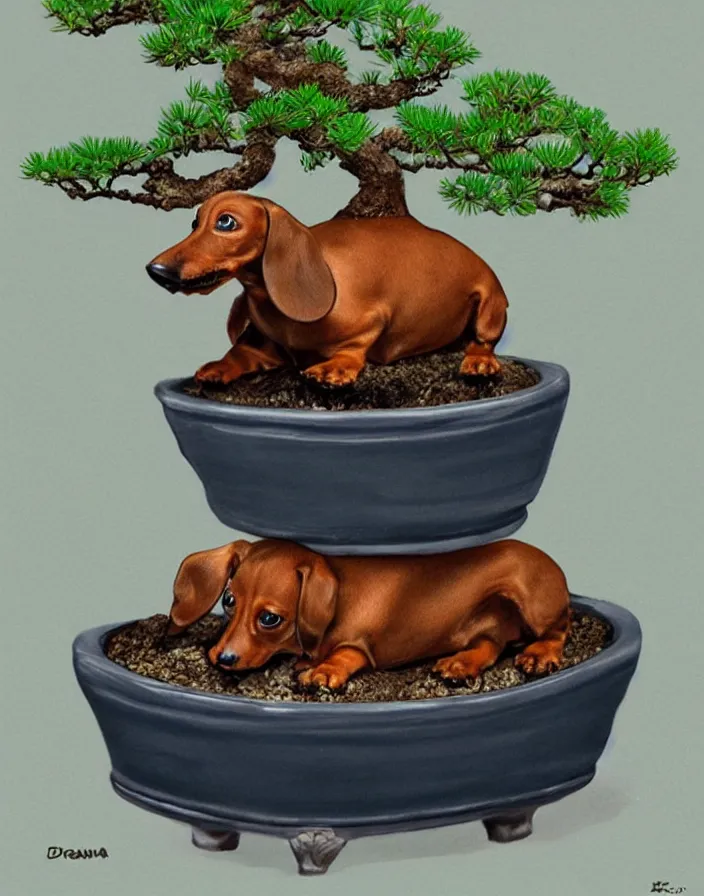 Image similar to dachshund bonsai in a bonsai pot, hyperrealism, high detail