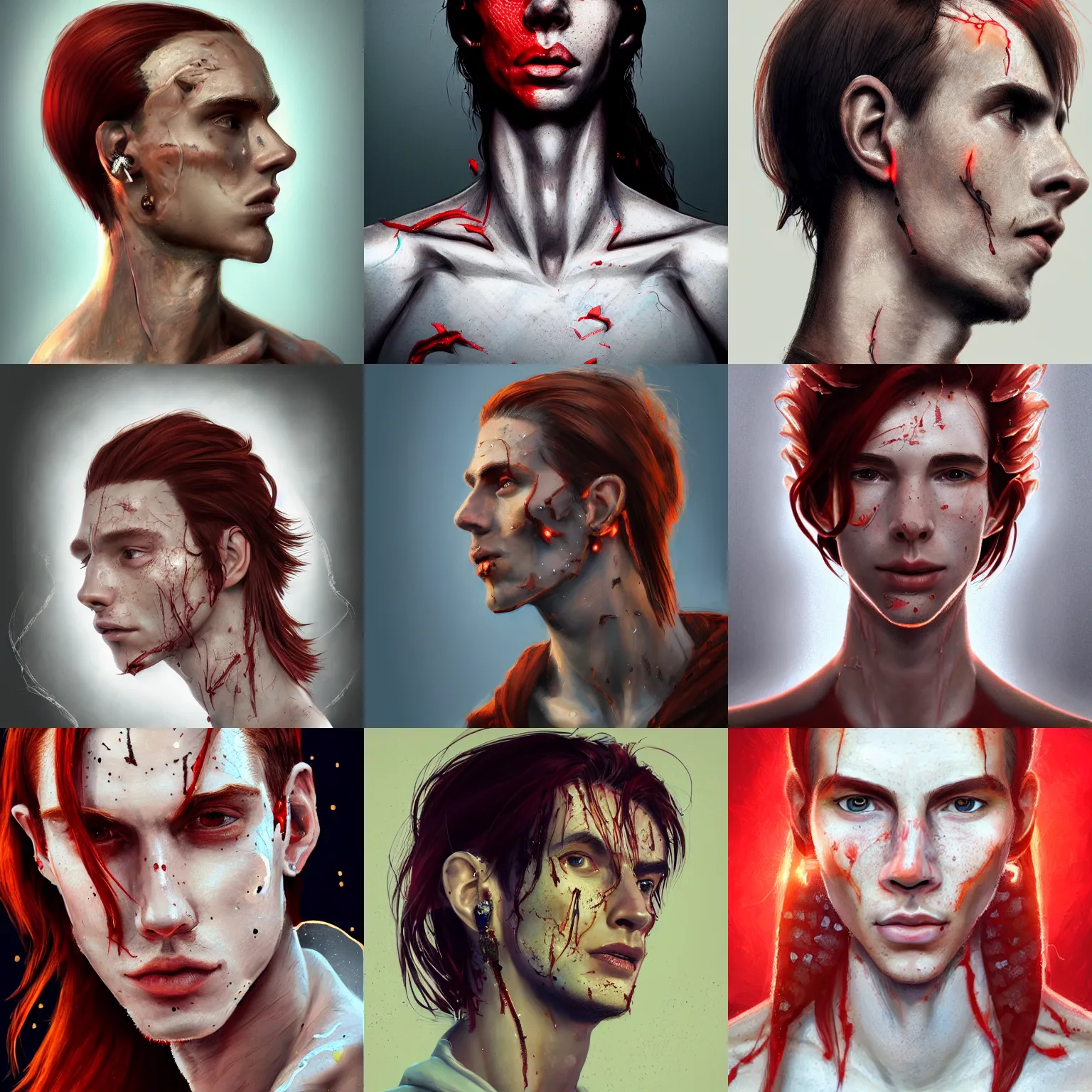 Prompt: portrait of a thin young man with long red hair, ponytail, a big scars, big gash on face, freckles on his face, an earring, intricate, elegant, glowing lights, highly detailed, digital painting, artstation, concept art, smooth, sharp focus, illustration