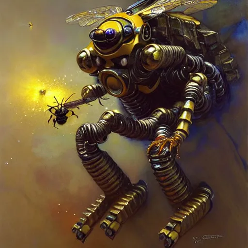 Image similar to highly detailed robot in the form of a bee, art by donato giancola, eugene delacroix, ruan jia, carl larsson, peter mohrbacher. trending on artstation, intricate details, energetic composition,, concept art, illustration, elegant art, global illuminaition