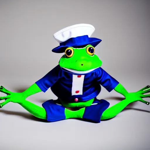 Image similar to cute frog wearing a sailor suit, studio photography,