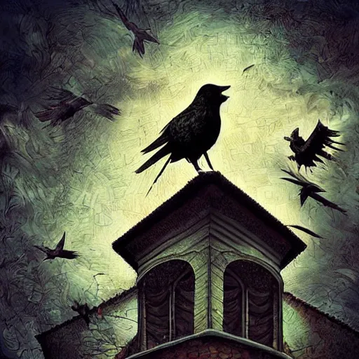 Image similar to A clown on the roof of the church playing with crows, by Android Jones and M. C. Escher collaboration, futurist, digital art, dramatic lighting, symbolic