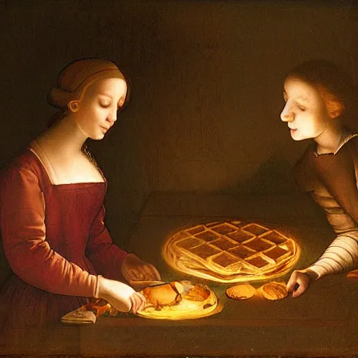 Image similar to one young man and one young woman baking waffles in romantic light painted by davinci